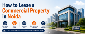 Business professionals reviewing a commercial property lease agreement inside a modern office building in Noida, representing the process of leasing commercial real estate.