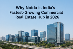 Infographic explaining why Noida is India's fastest-growing commercial real estate hub in 2026, highlighting world-class infrastructure, metro connectivity, the Noida International Airport, IT and corporate expansion, and rising demand for office, retail, and mixed-use commercial spaces.
