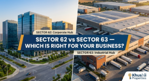 A split-screen blog thumbnail comparing Noida's Sector 62 corporate glass office buildings on the left with Sector 63's industrial warehouses and factory sheds on the right, featuring Khushii Propertiies branding. Side-by-side comparison of commercial buildings in Sector 62 and industrial properties in Sector 63, Noida, highlighting two prime business locations for office and industrial space. Khushi properties, Industrial properties in Noida, Industrial property Noida, Industrial property consultant Noida, Factory & warehouses for sale & lease in Noida, Industrial Property consultant near me, Real estate, Industrial real estate
