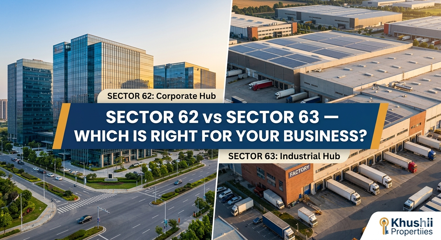 A split-screen blog thumbnail comparing Noida's Sector 62 corporate glass office buildings on the left with Sector 63's industrial warehouses and factory sheds on the right, featuring Khushii Propertiies branding.