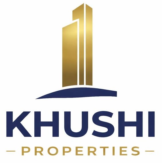 Khushi Properties logo featuring a modern gold high-rise building icon above the company name in bold navy blue text with "Properties" in gold, representing industrial and commercial real estate consultancy.