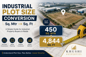 Industrial plots size guide and chats that shows how to convert sq.ft to sq.mtr. choose khushi properties