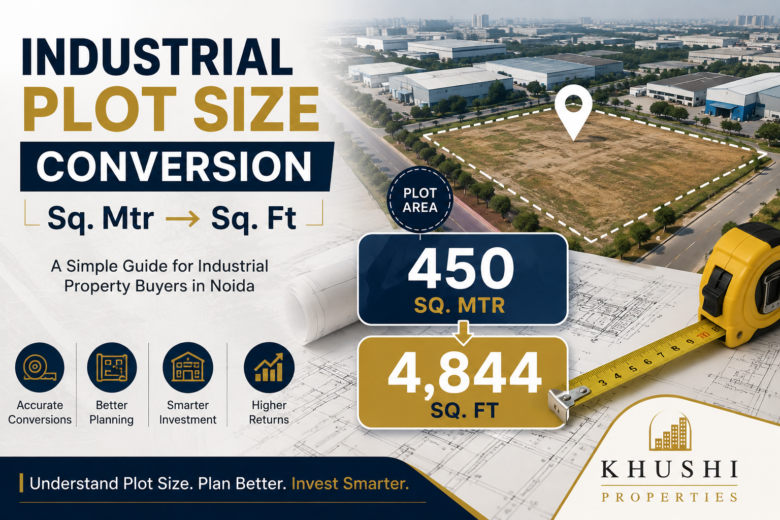 Industrial plots size guide and chats that shows how to convert sq.ft to sq.mtr. choose khushi properties